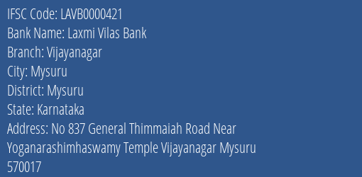 Laxmi Vilas Bank Vijayanagar Branch, Branch Code 000421 & IFSC Code LAVB0000421