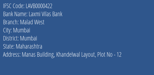 Laxmi Vilas Bank Malad West Branch, Branch Code 000422 & IFSC Code LAVB0000422