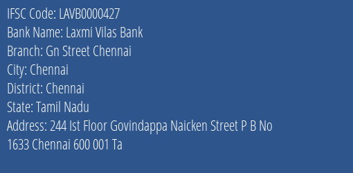 Laxmi Vilas Bank Gn Street Chennai Branch IFSC Code
