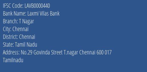 Laxmi Vilas Bank T Nagar Branch Chennai IFSC Code LAVB0000440