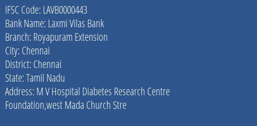 Laxmi Vilas Bank Royapuram Extension Branch Chennai IFSC Code LAVB0000443