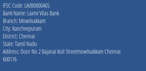Laxmi Vilas Bank Mowlivakkam Branch Chennai IFSC Code LAVB0000465