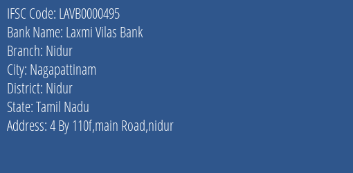 Laxmi Vilas Bank Nidur Branch Nidur IFSC Code LAVB0000495