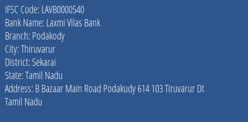 Laxmi Vilas Bank Podakody Branch Sekarai IFSC Code LAVB0000540