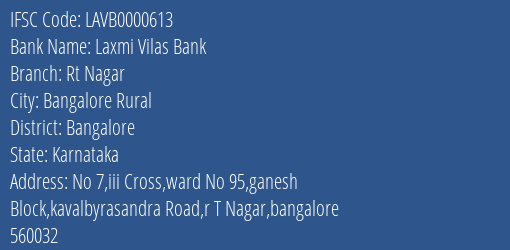 Laxmi Vilas Bank Rt Nagar Branch Bangalore IFSC Code LAVB0000613