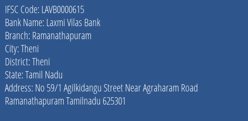 Laxmi Vilas Bank Ramanathapuram Branch Theni IFSC Code LAVB0000615