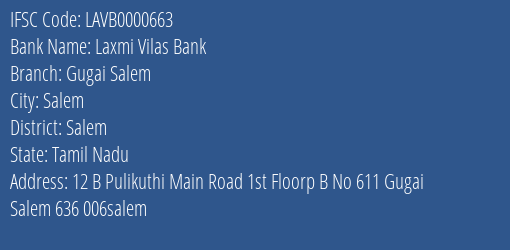 Laxmi Vilas Bank Gugai Salem Branch, Branch Code 000663 & IFSC Code LAVB0000663