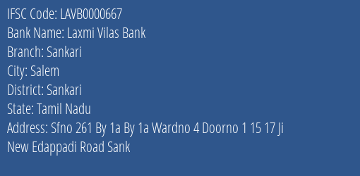 Laxmi Vilas Bank Sankari Branch Sankari IFSC Code LAVB0000667