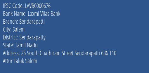 Laxmi Vilas Bank Sendarapatti Branch Sendarapatty IFSC Code LAVB0000676