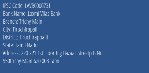 Laxmi Vilas Bank Trichy Main Branch Tiruchirappalli IFSC Code LAVB0000731
