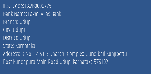 Laxmi Vilas Bank Udupi Branch, Branch Code 000775 & IFSC Code LAVB0000775