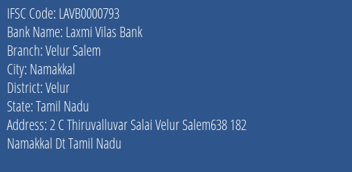 Laxmi Vilas Bank Velur Salem Branch Velur IFSC Code LAVB0000793