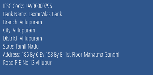 Laxmi Vilas Bank Villupuram Branch, Branch Code 000796 & IFSC Code LAVB0000796