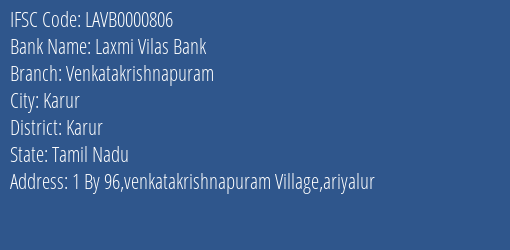 Laxmi Vilas Bank Venkatakrishnapuram Branch, Branch Code 000806 & IFSC Code LAVB0000806