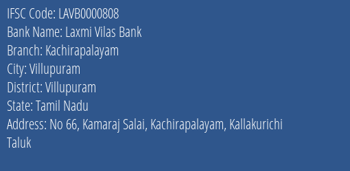 Laxmi Vilas Bank Kachirapalayam Branch, Branch Code 000808 & IFSC Code LAVB0000808
