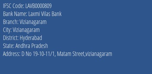 Laxmi Vilas Bank Vizianagaram Branch, Branch Code 000809 & IFSC Code LAVB0000809