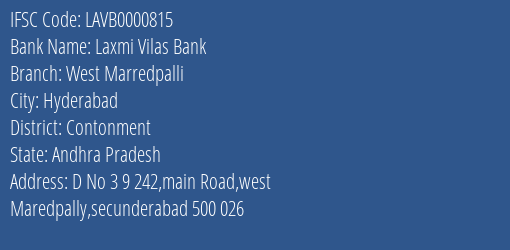 Laxmi Vilas Bank West Marredpalli Branch, Branch Code 000815 & IFSC Code LAVB0000815