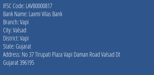 Laxmi Vilas Bank Vapi Branch, Branch Code 000817 & IFSC Code LAVB0000817