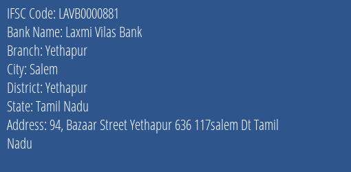 Laxmi Vilas Bank Yethapur Branch Yethapur IFSC Code LAVB0000881