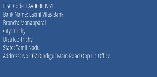 Laxmi Vilas Bank Manapparai Branch Trichy IFSC Code LAVB0000961