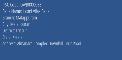 Laxmi Vilas Bank Malappuram Branch Trissur IFSC Code LAVB0000966
