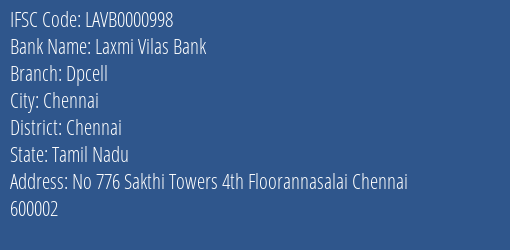 Laxmi Vilas Bank Dpcell Branch, Branch Code 000998 & IFSC Code LAVB0000998