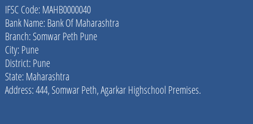Bank Of Maharashtra Somwar Peth Pune Branch, Branch Code 000040 & IFSC Code MAHB0000040