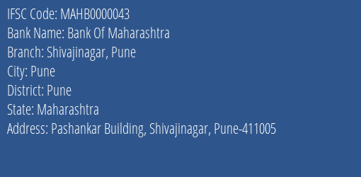 Bank Of Maharashtra Shivajinagar Pune Branch, Branch Code 000043 & IFSC Code MAHB0000043