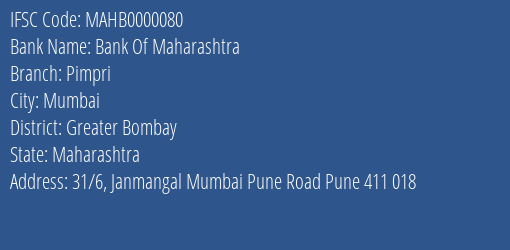 Bank Of Maharashtra Pimpri Branch, Branch Code 000080 & IFSC Code MAHB0000080