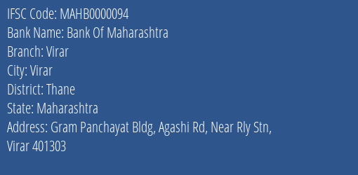 Bank Of Maharashtra Virar Branch, Branch Code 000094 & IFSC Code MAHB0000094