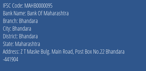 Bank Of Maharashtra Bhandara Branch Bhandara IFSC Code MAHB0000095