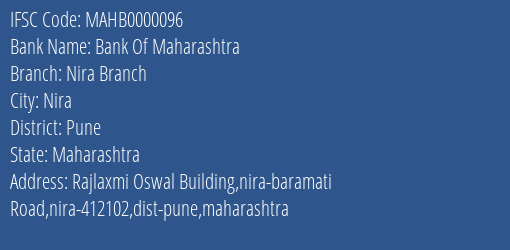 Bank Of Maharashtra Nira Branch Branch Pune IFSC Code MAHB0000096