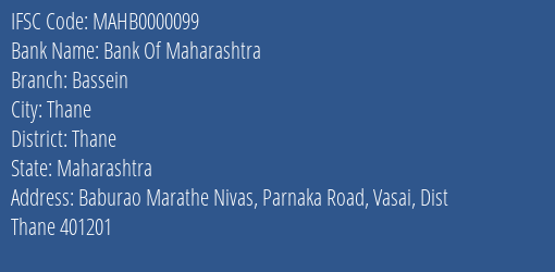 Bank Of Maharashtra Bassein Branch Thane IFSC Code MAHB0000099