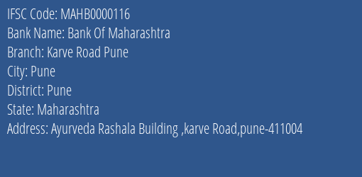 Bank Of Maharashtra Karve Road Pune Branch, Branch Code 000116 & IFSC Code Mahb0000116