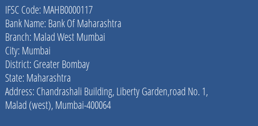 Bank Of Maharashtra Malad West Mumbai Branch Greater Bombay IFSC Code MAHB0000117