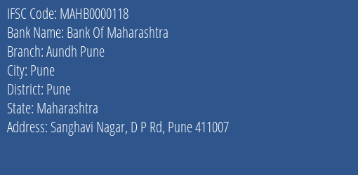 Bank Of Maharashtra Aundh Pune Branch Pune IFSC Code MAHB0000118