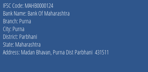 Bank Of Maharashtra Purna Branch Parbhani IFSC Code MAHB0000124
