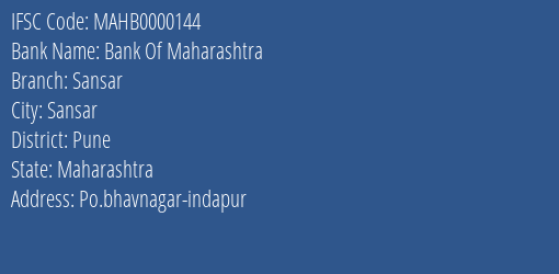 Bank Of Maharashtra Sansar Branch, Branch Code 000144 & IFSC Code Mahb0000144