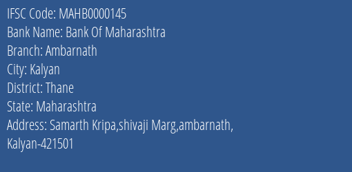 Bank Of Maharashtra Ambarnath Branch, Branch Code 000145 & IFSC Code MAHB0000145