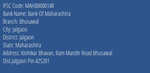 Bank Of Maharashtra Bhusawal Branch, Branch Code 000148 & IFSC Code MAHB0000148