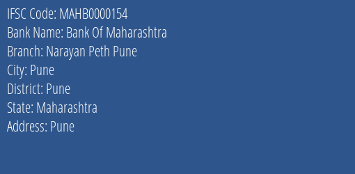 Bank Of Maharashtra Narayan Peth Pune Branch Pune IFSC Code MAHB0000154