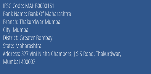 Bank Of Maharashtra Thakurdwar Mumbai Branch, Branch Code 000161 & IFSC Code Mahb0000161