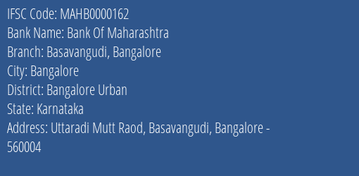 Bank Of Maharashtra Basavangudi Bangalore Branch, Branch Code 000162 & IFSC Code MAHB0000162