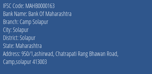 Bank Of Maharashtra Camp Solapur Branch, Branch Code 000163 & IFSC Code MAHB0000163