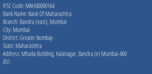 Bank Of Maharashtra Bandra East Mumbai Branch Greater Bombay IFSC Code MAHB0000164