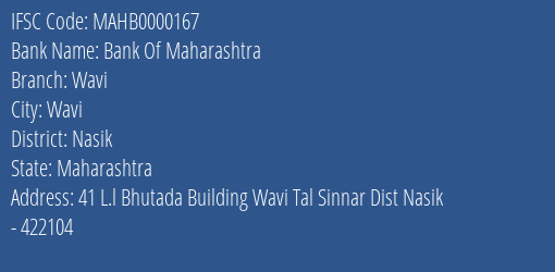Bank Of Maharashtra Wavi Branch, Branch Code 000167 & IFSC Code MAHB0000167