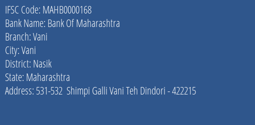 Bank Of Maharashtra Vani Branch, Branch Code 000168 & IFSC Code MAHB0000168