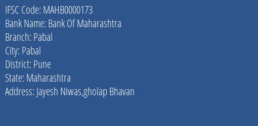 Bank Of Maharashtra Pabal Branch Pune IFSC Code MAHB0000173