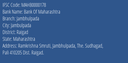 Bank Of Maharashtra Jambhulpada Branch, Branch Code 000178 & IFSC Code MAHB0000178