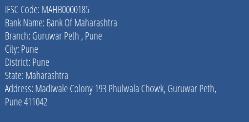 Bank Of Maharashtra Guruwar Peth Pune Branch, Branch Code 000185 & IFSC Code Mahb0000185